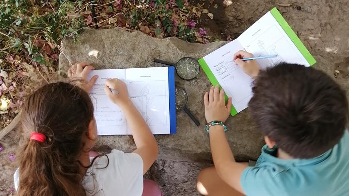 Imagen ilustra el boceto de un niño y una niña que estas escribiendo en un cuadernillo. De fondo se observan piedras grises, tierra y hojas que son parte de una enredadera verde.